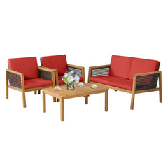 4 Piece Acacia Wood and Rattan Patio Conversation Set with Removable Cushions, Red
