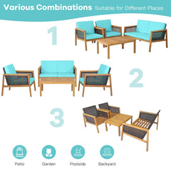 4 Piece Acacia Wood and Rattan Patio Conversation Set with Removable Cushions, Turquoise