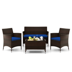 4 Piece Outdoor Rattan Sofa Set, 41 in Loveseat, 2 Single Sofas and 27.5 in Tempered Glass Coffee Table, Navy Cushions