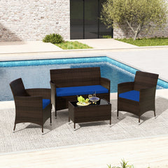 4 Piece Outdoor Rattan Sofa Set, 41 in Loveseat, 2 Single Sofas and 27.5 in Tempered Glass Coffee Table, Navy Cushions