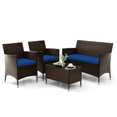 4 Piece Outdoor Rattan Sofa Set, 41 in Loveseat, 2 Single Sofas and 27.5 in Tempered Glass Coffee Table, Navy Cushions