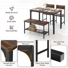 4 Pieces Rustic Dining Table Set with 2 Chairs and Bench-Rustic Brown