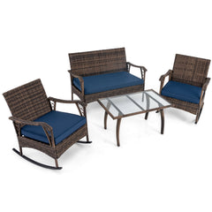 4 Piece Wicker Patio Rocking Chair Set with Loveseat, Bungee Seats and Glass Table, Navy