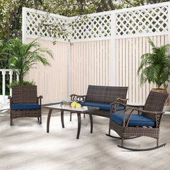4 Piece Wicker Patio Rocking Chair Set with Loveseat, Bungee Seats and Glass Table, Navy