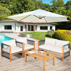 4 Piece Acacia Wood and Rope Outdoor Patio Set, 52 in Loveseat, 2 Armchairs, 40 in Slatted Table and 2 Sets of Cushion Covers, Cream and Red