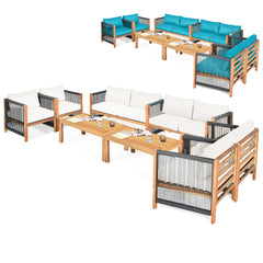 4 Piece Acacia Wood and Rope Outdoor Patio Set, 52 in Loveseat, 2 Armchairs, 40 in Slatted Table and 2 Sets of Cushion Covers, Cream and Turquoise