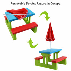 Kids Picnic Table and Bench Set with Removable Umbrella, 4 Seats, Blue and Green