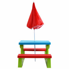 Kids Picnic Table and Bench Set with Removable Umbrella, 4 Seats, Blue and Green