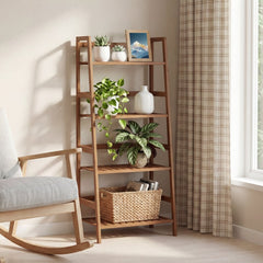 4-Tier Bamboo Plant Rack with Guardrails Stable and Space-Saving-Walnut