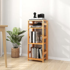4 Tier Rubber Wood Bookshelf with Side Fences, Natural Open Bookcase for Living Room