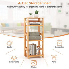 4 Tier Rubber Wood Bookshelf with Side Fences, Natural Open Bookcase for Living Room