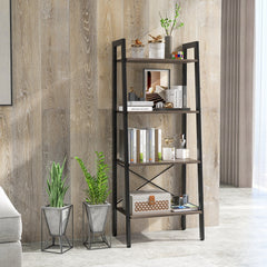 4 Tier Ladder Bookshelf with Metal Frame and Adjustable Foot Pads, Grey Oak