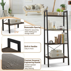 4 Tier Ladder Bookshelf with Metal Frame and Adjustable Foot Pads, Grey Oak