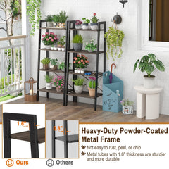 4 Tier Ladder Bookshelf with Metal Frame and Adjustable Foot Pads, Grey Oak
