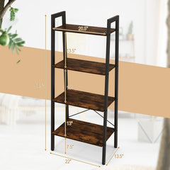 4 Tier Ladder Bookshelf with Metal Frame and Adjustable Foot Pads, Rustic Brown