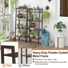 4 Tier Ladder Bookshelf with Metal Frame and Adjustable Foot Pads, Rustic Brown