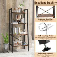 4 Tier Ladder Bookshelf with Metal Frame and Adjustable Foot Pads, Rustic Brown