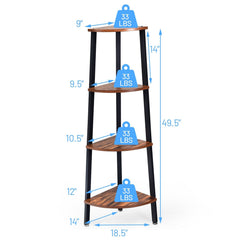 4 Tier Corner Shelf, Slim Wood and Metal Corner Bookcase for Small Spaces