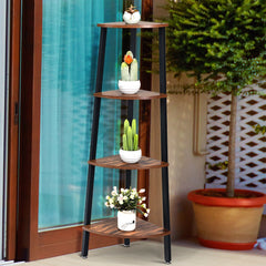 4 Tier Corner Shelf, Slim Wood and Metal Corner Bookcase for Small Spaces