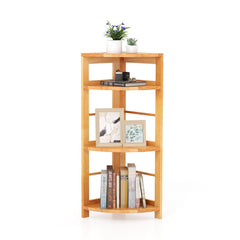 4 Tier Corner Shelf with Rubber Wood Frame, Natural Corner Bookcase with Side Fences