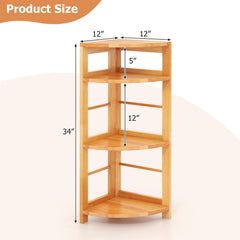 4 Tier Corner Shelf with Rubber Wood Frame, Natural Corner Bookcase with Side Fences