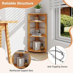 4 Tier Corner Shelf with Rubber Wood Frame, Natural Corner Bookcase with Side Fences