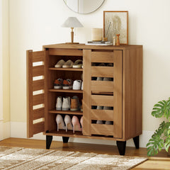 4-Tier Farmhouse Shoe Organizer with Louvered Door-Natural
