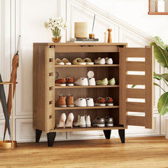 4-Tier Farmhouse Shoe Organizer with Louvered Door-Natural