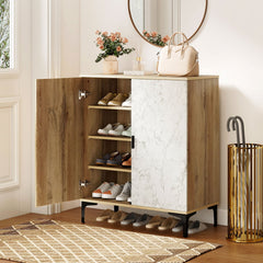 4 Tier Farmhouse Shoe Storage Cabinet with Removable Shelves and Metal Legs-Oak