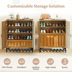 4 Tier Farmhouse Shoe Storage Cabinet with Removable Shelves and Metal Legs-Oak