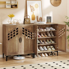 4 Tier Farmhouse Shoe Storage Cabinet with Removable Shelves and Metal Legs-Walnut