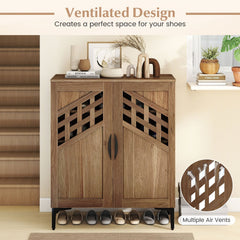 4 Tier Farmhouse Shoe Storage Cabinet with Removable Shelves and Metal Legs-Walnut