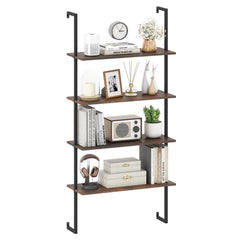 4 Tier Ladder Bookshelf with Black Metal Frame, Industrial Wall Shelf, Coffee Brown