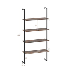 4 Tier Ladder Bookshelf with Black Metal Frame, Industrial Wall Shelf, Coffee Brown
