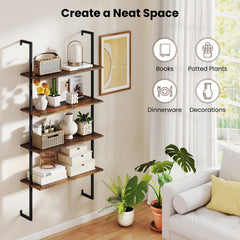 4 Tier Ladder Bookshelf with Black Metal Frame, Industrial Wall Shelf, Coffee Brown