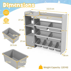 4-Tier Kids Bookshelf and Toy Storage Rack with 8 Toy Organizer Bins-Grey