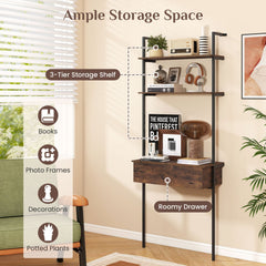 4-Tier Ladder Bookshelf with Drawer and Metal Frame for Living Room-Rustic Brown