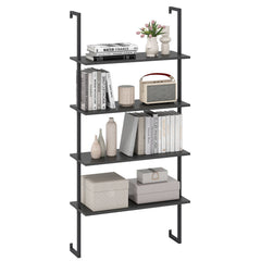 4-Tier Ladder Shelf Open Wall Mounted Bookcase with Wooden Boards and Metal Frame-Black