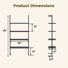 4-Tier Ladder Shelf Open Wall Mounted Bookcase with Wooden Boards and Metal Frame-Black