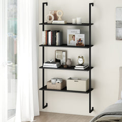 4-Tier Ladder Shelf Open Wall Mounted Bookcase with Wooden Boards and Metal Frame-Black
