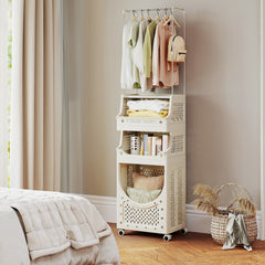 4-Tier Laundry Cart Folding Hamper with Hanging Bar and 8 Hanging Hooks