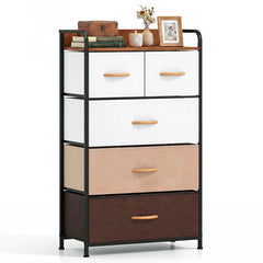 4-Tier Organizer Tower Steel Frame Wooden Top Storage with 5-Drawer Dresser-Muticolor