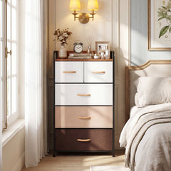 4-Tier Organizer Tower Steel Frame Wooden Top Storage with 5-Drawer Dresser-Muticolor