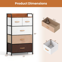 4-Tier Organizer Tower Steel Frame Wooden Top Storage with 5-Drawer Dresser-Muticolor