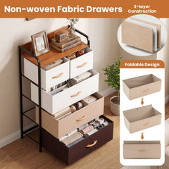 4-Tier Organizer Tower Steel Frame Wooden Top Storage with 5-Drawer Dresser-Muticolor