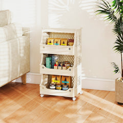 4-Tier Rolling Laundry Basket with Wheels Plastic Storage Cart with Side Hooks