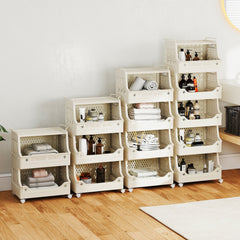 4-Tier Rolling Laundry Basket with Wheels Plastic Storage Cart with Side Hooks