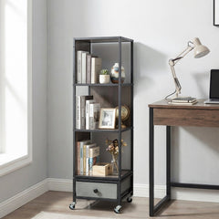 4-Tier Rotating Bookshelf on Wheels with Removable Drawer-Gray