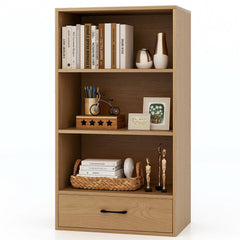 4 Tier Storage Bookcase with Drawer and Anti Tipping Kits, 48 Inch Natural Wood Shelf