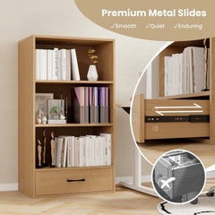 4 Tier Storage Bookcase with Drawer and Anti Tipping Kits, 48 Inch Natural Wood Shelf